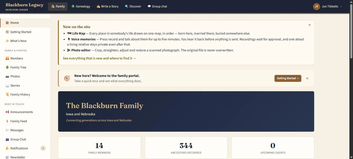 Blackburn Legacy family portal — dashboard with family tree, photos and stories