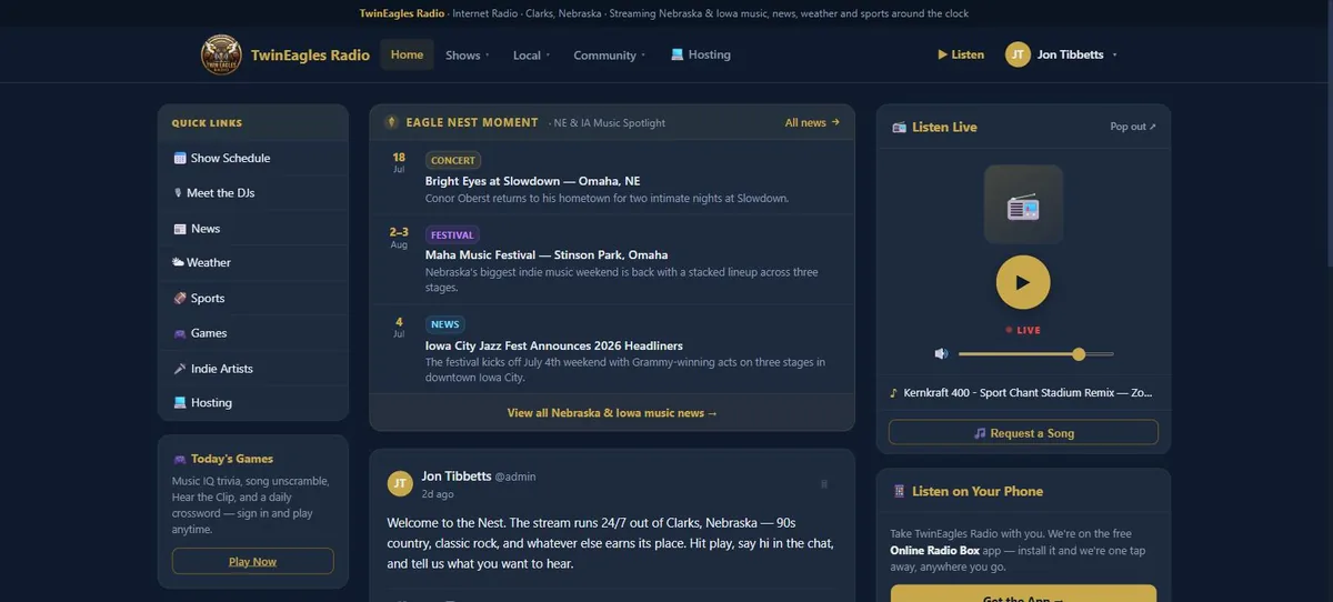 TwinEagles Radio — a live station site built by Brickyard Web Co.